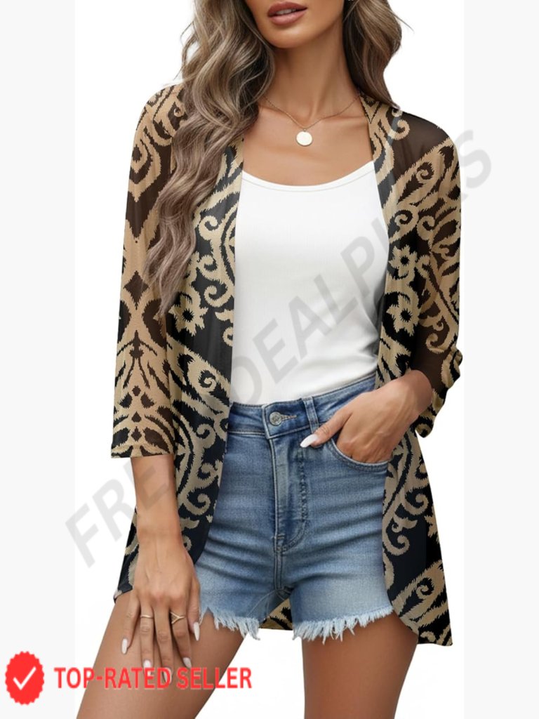 Sheer Mesh Cardigan Swimwear Cover Up Open Front 3/4 Sleeve Lightweight Beach